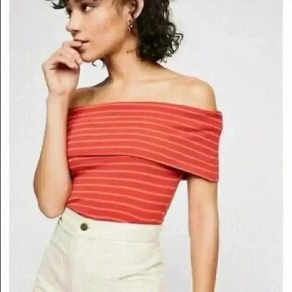 We the free people red orange Melbourne Striped Off-The-Shoulder Rib Knit Top L - Picture 1 of 8